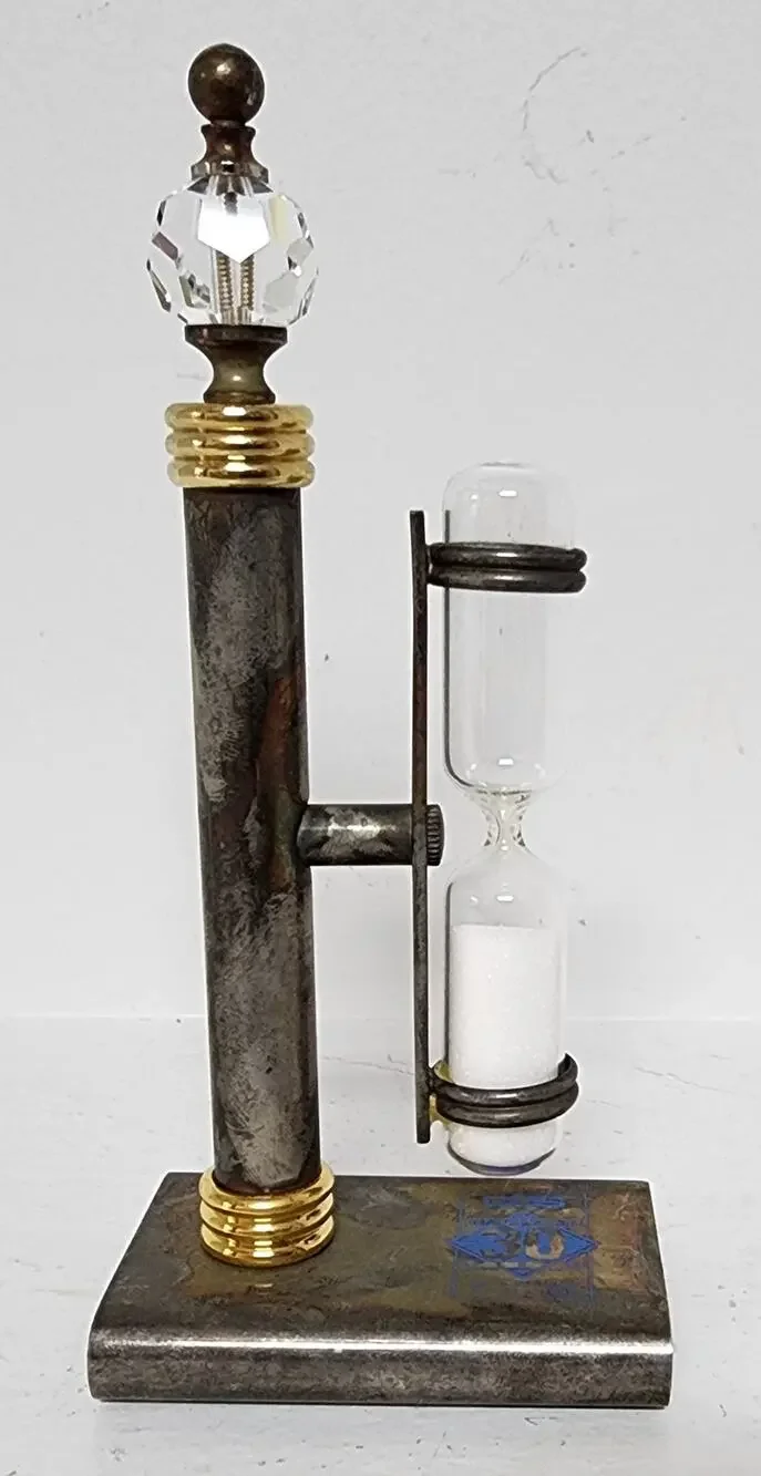 Vintage Brass Hourglass Timer on Stand – 3‑Min Promo Piece, Crystal Finial